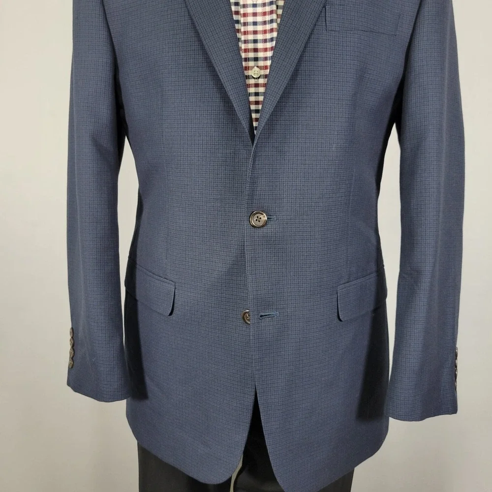 Chaps Men's Sport Coat Blazer Two Button Navy Blue‎ Checked Polyester Rayon 42L